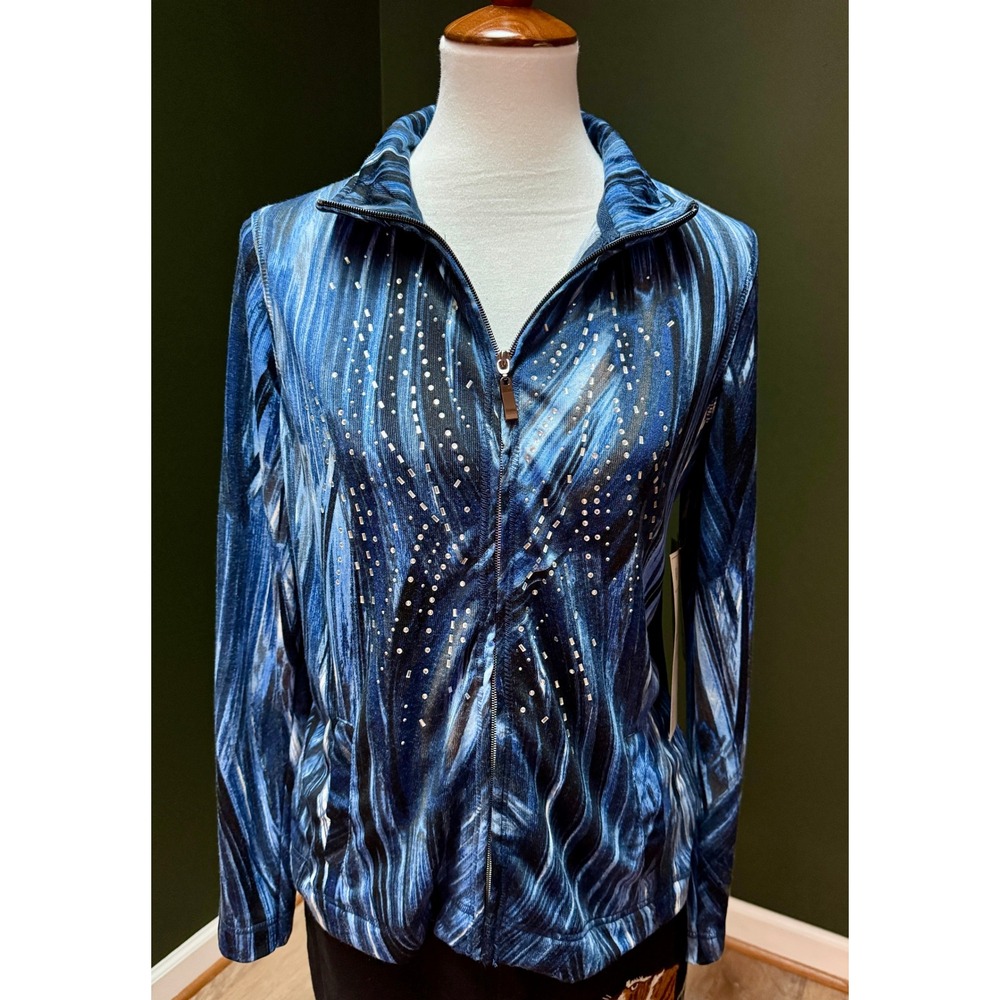 NWT Onque Midnight Blue Abstract Rhinestone Zip Up Jacket Women's Size M
